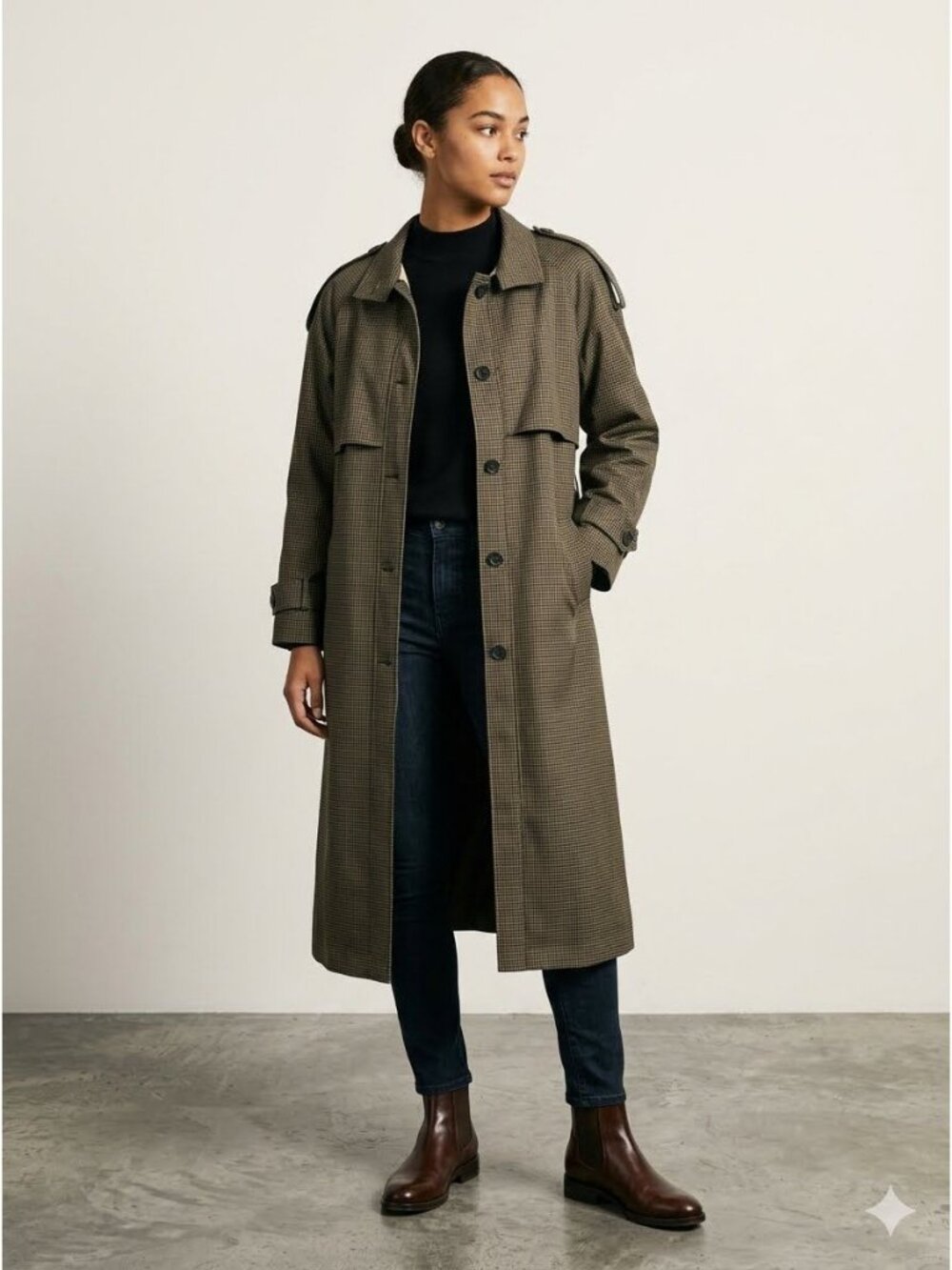 Vintage Concept II Long Trench Coat Womens Size 11/12 Houndstooth Check Pattern
